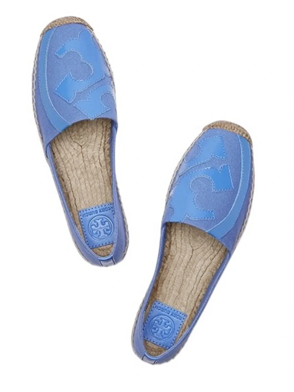 Tory Burch Lonnie Chambray Blue & Patent Leather Logo Flat Espadrilles - 7.5